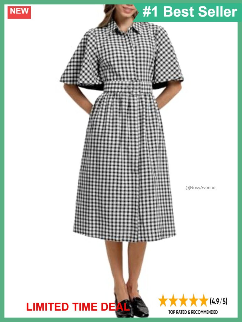 Cotton Gingham Plaid Shirt Dress Button Down Midi with Belt Pockets